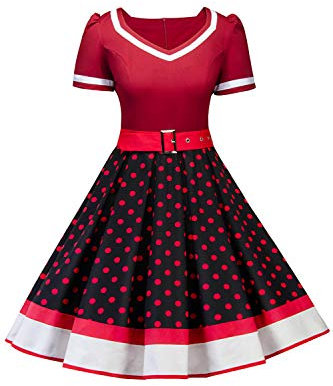 Babyonlinedress Femme Robe de Soirée Chic Jointif avec Ceinture Vintage rétro année 50s pin-up Rockabilly Swing à Pois Pois Rouge 3XL