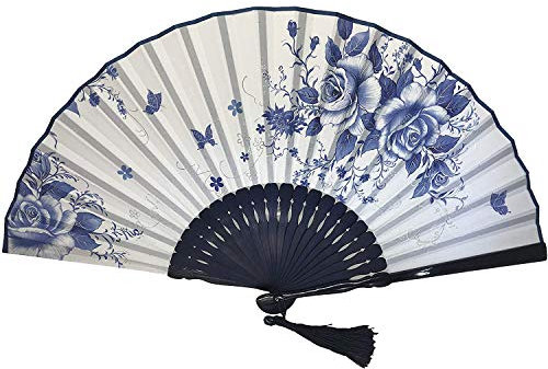 FANSOF.FANS Ink Art Handheld Folding Fan with a Handcrafted Box Fabric Pouch for Women Girls Black and White with Silver Touch Up Durable Folding Fabric Hand Fan (Blue Roses)