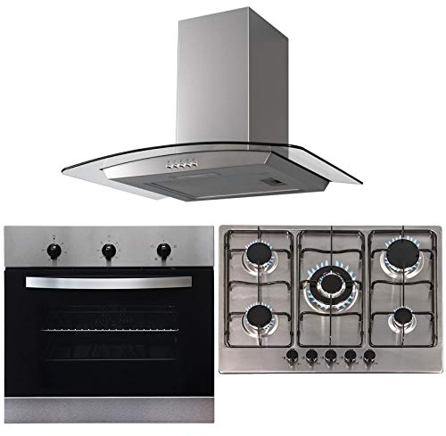 SIA 60cm Stainless Steel Single Electric Oven, 70cm Gas Hob & Curved Glass Hood