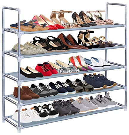 AMOS 5 Tier Extendable Shoe Rack 25 Pair Space Saving Storage Organiser with Waterproof Non-Woven Fabric Shelves