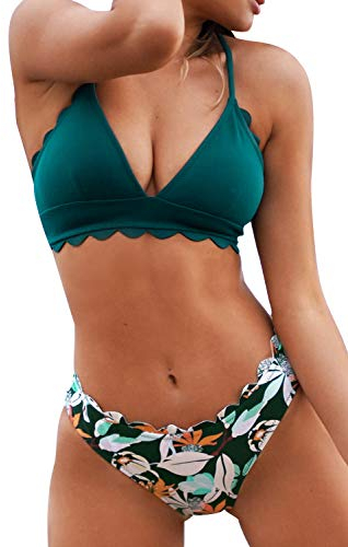 CUPSHE Damen Bikini Set mit Muschelkante Triangel Bikini Tropicalmuster Bademode Zweiteiliger Badeanzug Grün XL