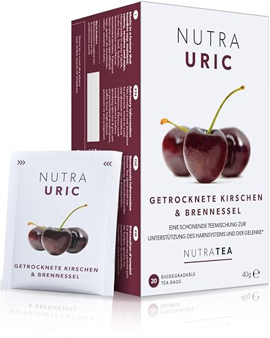 Nutra Tea NUTRAURIC Blasen und Nierentee, Brennnesseltee fördert Entwässerung, trägt zur Gesundheit der Gelenke bei, 40 wiederverwendbare Teebeutel, Kräutertee mit Kirschen & Brennnessel