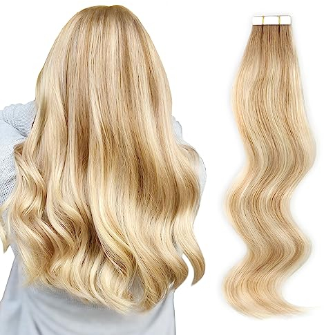 ABH AMAZINGBEAUTY HAIR Echthaar Extensions Tape Highlights Tape in Haarverlängerungen Echthaar 20 Stück 50g Aschbraun übergehend in Schmutzigblond mit Platinblonden Highlights Tape ins R8-12/60 55 cm