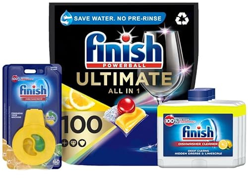 Finish Dishwasher Kit – Cleaner 250ml x3, Freshener Lemon & Lime x3, Quantum Lemon Tablets x100, Targets Grease, Odours, and Stains, Maintains Hygiene and Fragrance in Every Cycle