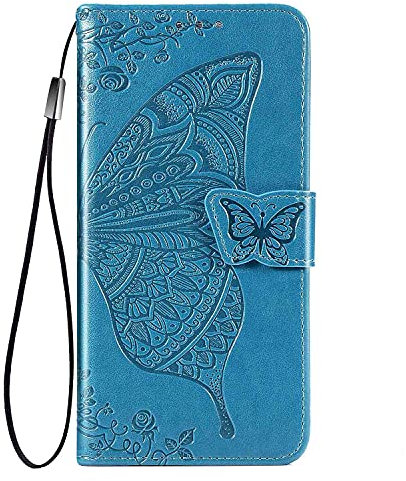 WEIOU Hülle für Xiaomi Redmi 9AT | Redmi 9A, Premium TPU/PU Leder Klappbar Schmetterlingsprägung Schutzhülle Handyhülle mit Standfunktion & Kartensteckplätzen, Blau