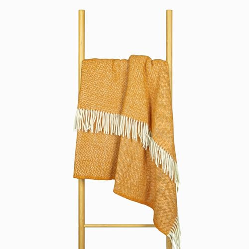 Nostra Zelandia 100% Reine Wolldecke – Warme, atmungsaktive und leichte Wolldecke für Sofa, Bett und Outdoor-Bereich, temperaturregulierender Komfort mit Fransen (Senfgelb)