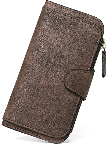CLUCI Geldbörse Damen Weich Leder Lang Clutch Portemonnaie Damen Groß Geldbeutel Viele Kartenfächer für Frauen Kaffee