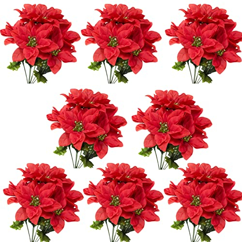 ASSR Künstliche Weihnachtsstern-Blumen, 8 Stück, 7 Köpfe, rot, künstliche Weihnachtsstern, Blumenstrauß