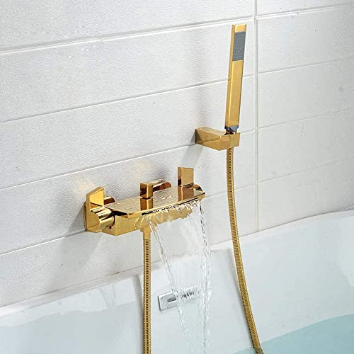 YRUIIA Wannenarmatur Wasserhahn badewanne Wasserfall Kupfer mit Handbrause Badewanne Duscharmatur für Bad und Badewanne mischbatterie dusche-Golden