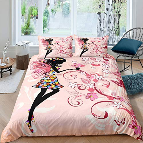Homemissing Filles Papillon Fée Parure de Lit 200x200cm Chic Mignon Floral Parure Housse de Couette Décoratif Luxe Fleurs Roses Housse de Couette Botanique Branches 3 pièces