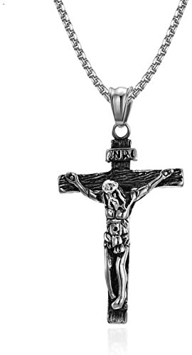 AMDXD Y Kette Herren in Edelstahl, Anhänger Kreuz Jesus Religion Ketten Retro Herren für Frauen Männer, Silber