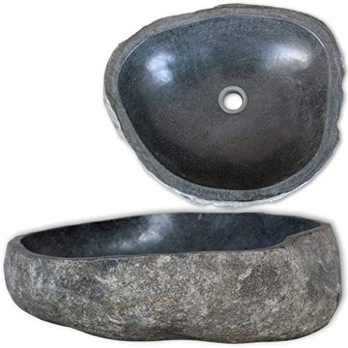 WIFESE Lavabo en Pierre de Rivière Ovale 38x30x15 cm Noir Vasque à Poser Salle de Bain Pratique Lave Main WC Meuble Toilette Lavabo pour Salle Cosmétique Garage Cuisine Hôtel Lieu de Travail
