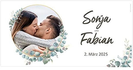Herz & Heim® Hochzeitsdeko Party-Banner mit eigenem Foto und Namen 0,80 x 1,60 m (Eukalyptus)