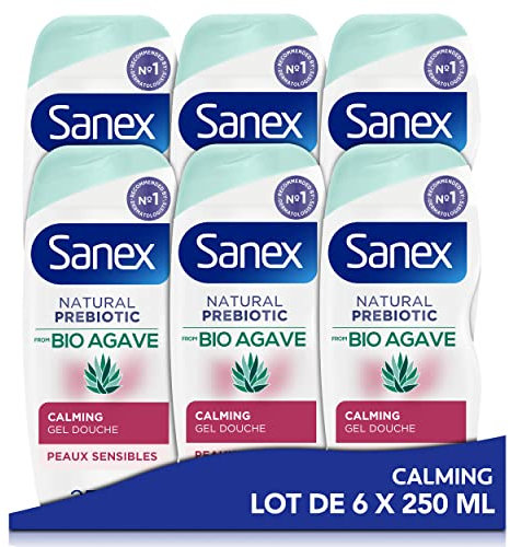 SANEX - Gel Douche Bio Agave Apaisant - Pour Peaux Sensibles - Prébiotique Naturel Issu de l’Agave Bio - Hydrate & Apaise la Peau -Hydratation 12h - Respecte L’Équilibre Naturel De La Peau - 250mL x6