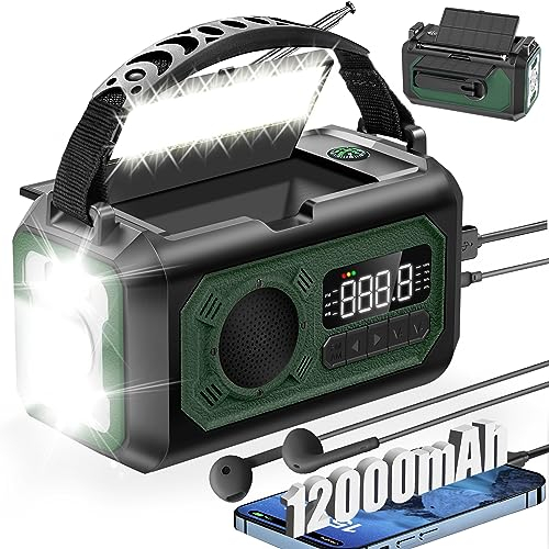 Radio de emergencia meteorológica de 12000 mAh, radio de manivela portátil, radio AM/FM/NOAA con 2 paneles solares, 3 métodos de carga, alarma SOS, linterna de 3 modos, cargador de teléfono, lámpara