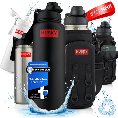 HUSKY ICE Edelstahl Trinkflasche mit GRATIS Tragtasche - 1.2L - BPA-Frei, Auslaufsicher und Spülmaschinen geeignete Thermo Isolierflasche - Thermosflasche doppelwandig, Sport, Outdoor (Black edition)
