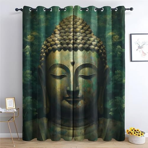 QEODAH Buddha Vorhänge Buddha Statue Gardinen mit Ösen, Vorhang Blickdicht, Verdunklungsvorhänge, Schlafzimmer Wohnzimmer & Kinderzimmer Deko, Blackout Curtain 2er Set H 175 x B 140 cm