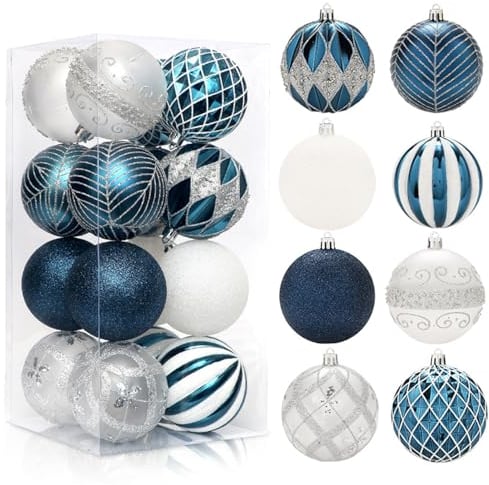 GLITZFAS Weihnachtskugeln 8cm 16 Stück, Kunststoff Christbaumkugeln Weihnachtsdeko Weihnachtsbaumschmuck mit Aufhänger Baumschmuck Weihnachten Deko Ornamente (Blau und Weiß)