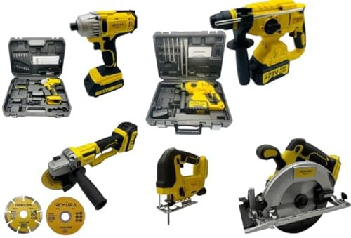 Nemura Pack 5 outils Visseuse à chocs, Marteau Perforateur, Scie Sauteuse, Scie Circulaire, Meuleuse d'Angle 20V + 3 batteries + Chargeur - Marque française spécialisée dans les outils de bricolage