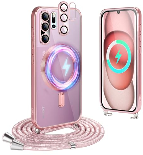Ptny Handykette Hülle kompatibel mit Huawei P30 Pro Hülle mit Band zum Umhängen, (Mit Integrierter Kameraschutz) Kompatibel mit MagSafe Kabellosem Laden, Weiche TPU Clear Schutzhülle, Roségold