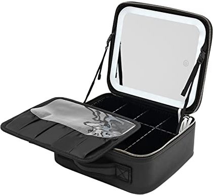BRRIDE Trousse de toilette avec miroir lumineux, sac de maquillage de voyage 3 couleurs LED luminosité réglable, grande capacité, sac étanche de voyage portable (noir), Noir , Élégant et moderne