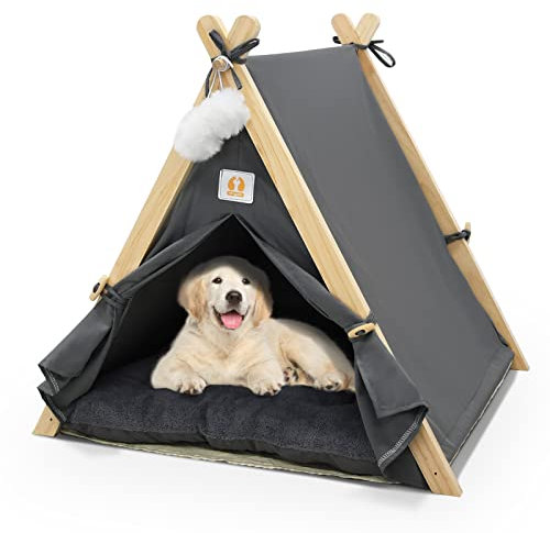 KHCY Cat Tent & Dog Tent, Wooden Triangular Pet House with Soft Cushion, Removable Door Flap, Cozy Indoor Shelter for Cats & Dogs 60×55×63 CM - Grey
