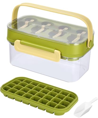 32 pcs Cubiteras para Hielo+4 moldes helado silicona. con Tapa Molde Hielo Hielera-bandeja sin Fiambrera con Contenedor para Ice Cube para Cócteles/Whisky/Vino/Fruta/Puré De Frutas/Helado(Verde)