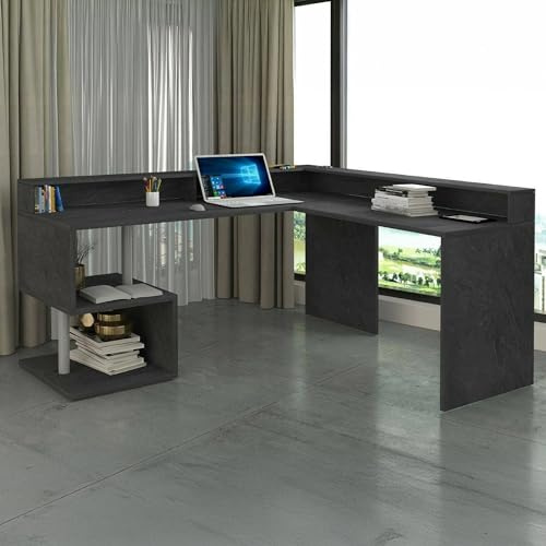 Dmora - Schreibtisch Sansone, Eckschreibtisch mit Ablagefächern, Mehrzweck-Büroschreibtisch mit Platte, 180x92,5x160 cm, Schiefer