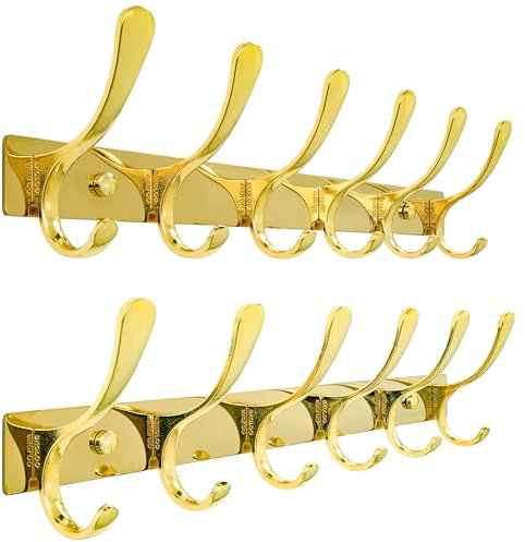 SKOLOO Coat Rack Wall Mounted - 6 Hooks, Pack of 2, Heavy Duty, Stainless Steel, Metal Wall Coat Hanger, Sturdy Wall Hooks for Hanging Coat, Jacket, Clothes, Hat, Bright Gold