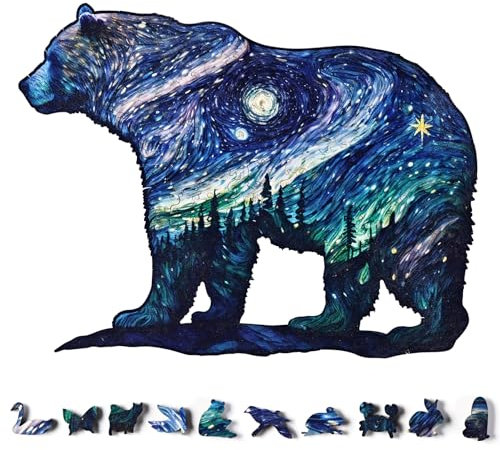 YJacuing Wooden Jigsaw Puzzles for Adults, 300 Piece Unique Animal Shaped Premium 5mm Wood Puzzles Family Game (Starry Bear, Large)