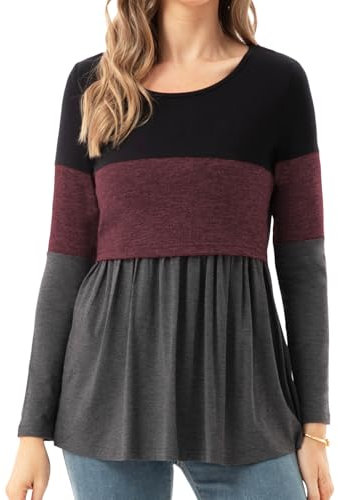 Bearsland Women's Nursing Tops Long Sleeve Scoop Neck Breastfeeding Shirt Maternity Clothes, Barn Red, M