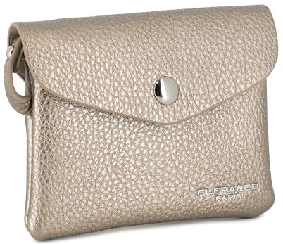flora & co - Petit Porte-Monnaie Cartes Similicuir Souple - Portefeuille Pochette Rabat Zip avec Crochet Porte-clé - Pratique Léger - Taupe Metal