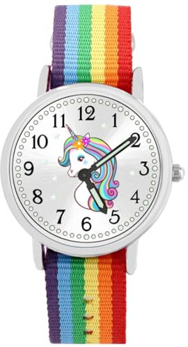 Brecjon Armbanduhr Mädchen Jungen Kinderuhr Einhorn Lernuhr 5ATM wasserdicht Wechselarmband bunt Regenbogen 900