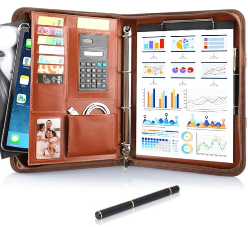3PCS Schreibmappe A4 Konferenzmappe, Leder Schreibmappe mit Reißverschluss, Dokumentenmappe mit Ringbuch, Wasserdicht Aktenmappe mit Klemmbrett, Portfolio A4 Mappe für Business Meeting, Braun