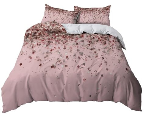 Duvet Covers Single 53x79 inch Rose Gold Sequins Quilt Cover Warm Bedding Set 3PCS With Pillowcases, Ultra Soft Hypoallergenic Non Iron Microfiber Pink Duvet Cover with Zipper