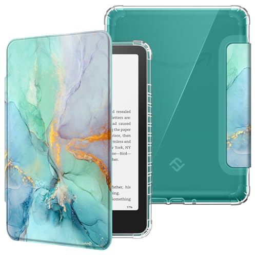 Fintie Hülle für 7 Kindle Colorsoft Signature Edition 2024 | Kindle Paperwhite/Paperwhite Signature Edition(12. Generation), Transparent TPU Case, Auto Sleep/Wake, Smaragd Marmor