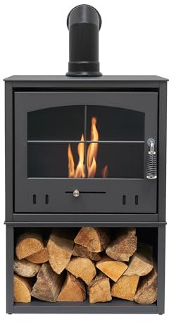 OKO S4 Bio Ethanol Stove with Log Storage in Charcoal Grey with Angled Stove Pipe
