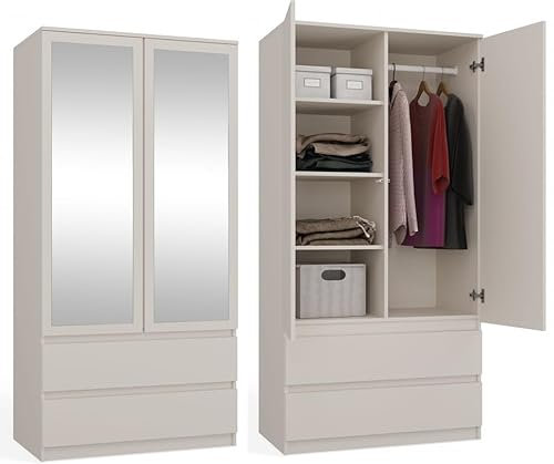 BDW Kleiderschrank mit Spiegel, 90x180x50 cm, 2 Schubladen, 4 Regale | Ideal für EIN Schlafzimmer, Flur, Kinderzimmer oder Büro | Kleiderständer, Garderobenständer (Kaschmir)