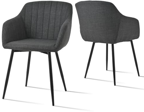 Goeurvant Esszimmerstühle 2er Set mit Armlehnen - Polsterstühle aus Leinen, Küchenstühle, Armlehnenstuhl mit Metallgestell für Esszimmer, Wohnzimmer, Anthrazit