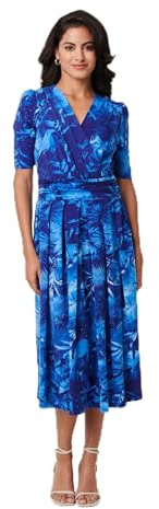 Izabel London Printed 1/2 Sleeve Wrap Midi Dress for Women UK with a Pleated Skirt and Pockets. Blue