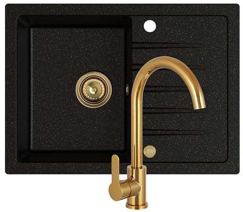 SINK QUALITY Évier de cuisine avec robinet, siphon doré et agent d'imprégnation, noir avec taches dorées, 68 x 49,5 cm, pour meuble bas de 45 cm