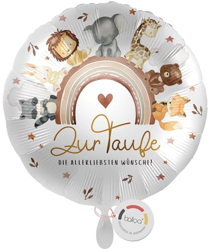 balloa Folienballon XXL Zur Taufe Regenbogen und Tiere, Taufdeko, 53 cm | Regenbogen mit süßen Tiermotiven, runde Form, XXL, heliumgeeignet, ungefüllt, fröhliche Deko zur Tauffeier