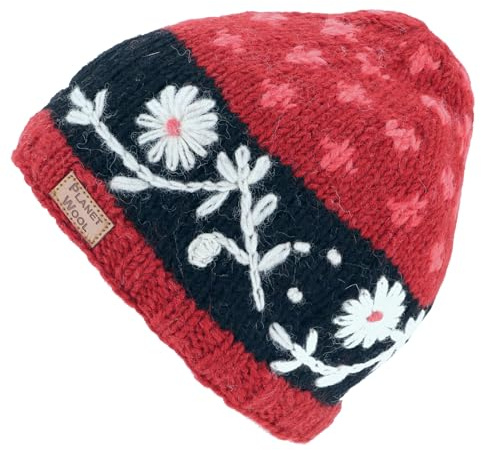 Kurze Beanie Mütze, bestickte Strickmütze, Nepalmütze, Wollmütze | Handgestrickte Mütze, Unisex, mit Fleecefutter, schützt vor Kälte, Passform 52-60 cm, fair gehandelt