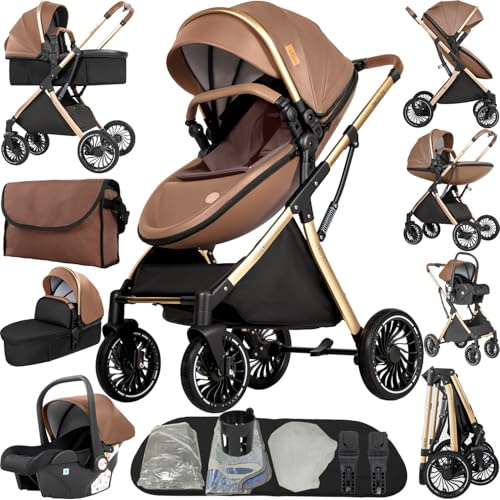 MoLi Kinderwagen 4 in 1, Kinderwagen mit Umkehrbarem Doppelschiebemodus, Buggy mit Großer Bequemer Babywanne, Kombikinderwagen 4 in 1 Rahmen Aluminiumlegierung Faltbar Hohe Landschaft (688 Khaki)