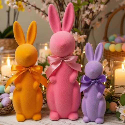 Lanpn 3er-Set Flauschige Osterhasen mit Schleifen, Hasenfiguren in Pastellfarben für Tisch, Regal & Wohnraum, Frühlingsdeko (Rosa, Orange, Lila)