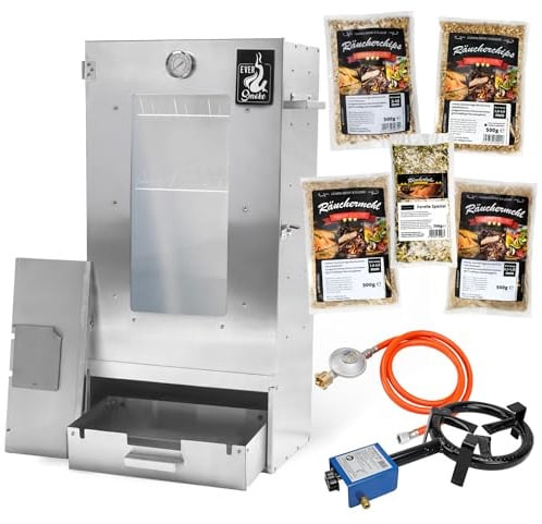 Eversmoke Räucherofen Excellent II Medium – Edelstahl Räucher Starter Set mit Sichtscheibe, Thermometer & Zubehör - Räucherschrank für Fisch, Fleisch & Käse (Starterset + Gasbrenner)