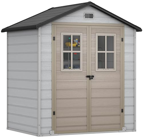 YITAHOME Kunststoff Gartenhaus 6x4.4 Fuß mit Boden, Wetterfester Aufbewahrungsschuppen mit verschließbaren Türen, Fenstern & Belüftung für Gartenwerkzeuge, Fahrräder, 183x135x208 cm, Braun Schwarz