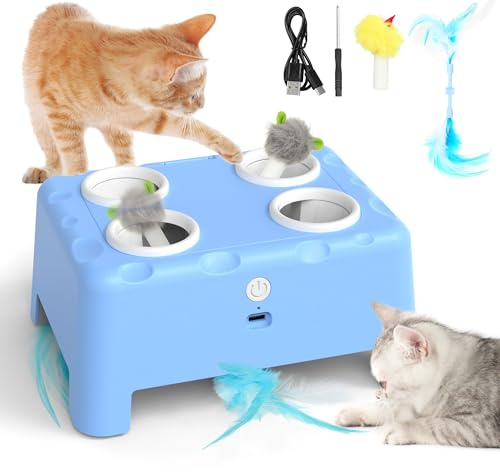 PUHOHUN Cat Toys for Indoor Cats - Rechargeable Silent Automatic Cat Toy, 2-in-1 Interactive Cat Toy with Rotating Feather Mice, Hide and Seek Mouse Catching Game