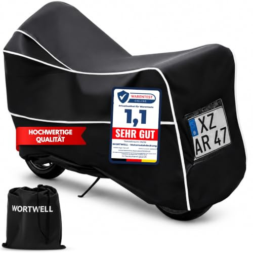 WORTWELL Motorrad Abdeckplane 600D Oxford Outdoor Indoor wasserdichte Motorradabdeckung TPU Beschichtung Motorradgarage Winterfest UV Schutz Schlossloch für Motorrad Roller Moped 210×126×97 cm