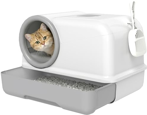 PawHut Katzentoilette mit Deckel Katzenklo mit Haube und Schaufel ausziehbares Tablett 2 Aktivkohlefilter Katzentoilette für Katzen bis 5 kg 59 x 39,5 x 39,5 cm Weiß+Grau